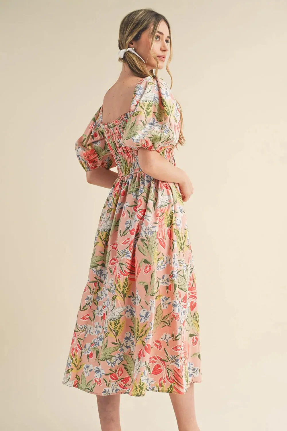 Apricot Pink Floral Smocked Bust Bubble Short Sleeve Maxi Dress sold by Beagle Boutique product image thumbnail 2