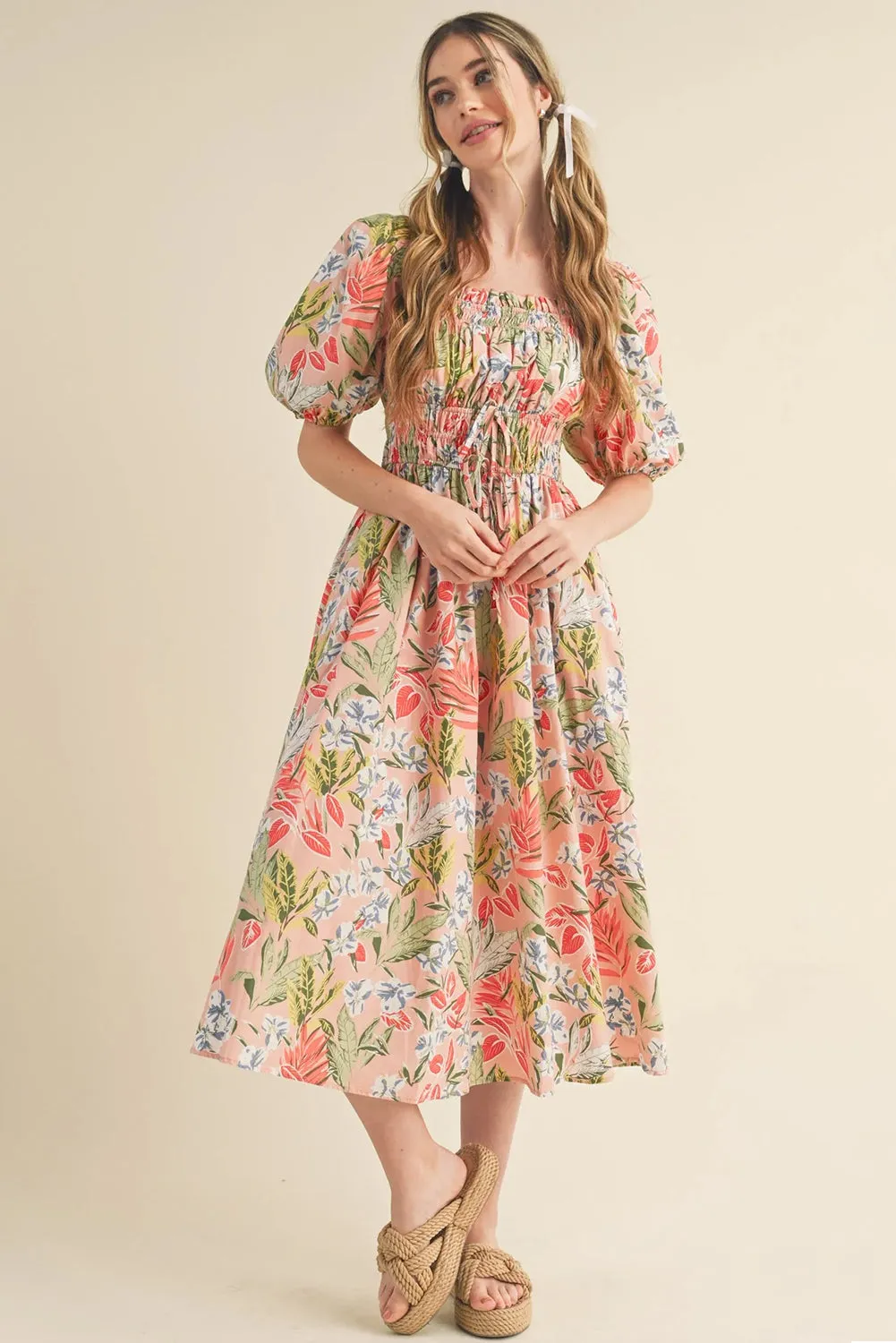 Apricot Pink Floral Smocked Bust Bubble Short Sleeve Maxi Dress sold by Beagle Boutique product image thumbnail 3