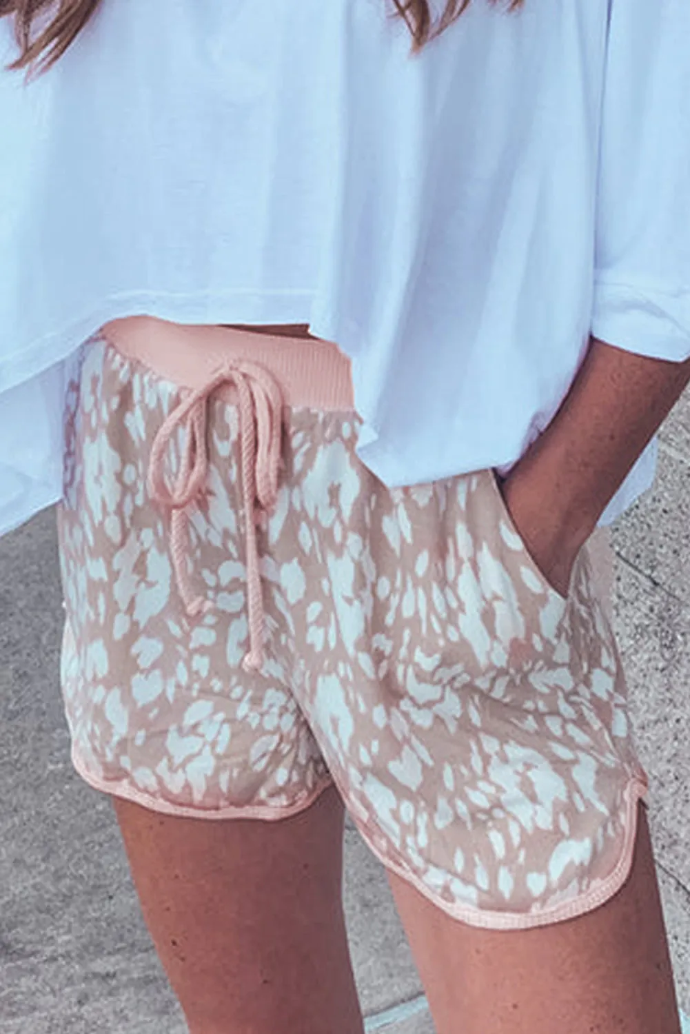 Khaki Classic Leopard Arched Hem Elastic Waist Casual Shorts sold by Beagle Boutique product image thumbnail 3