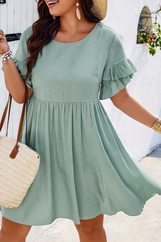 Grass Green Ruffle Trim Short Sleeve Plus Size Flared Mini Dress sold by Beagle Boutique