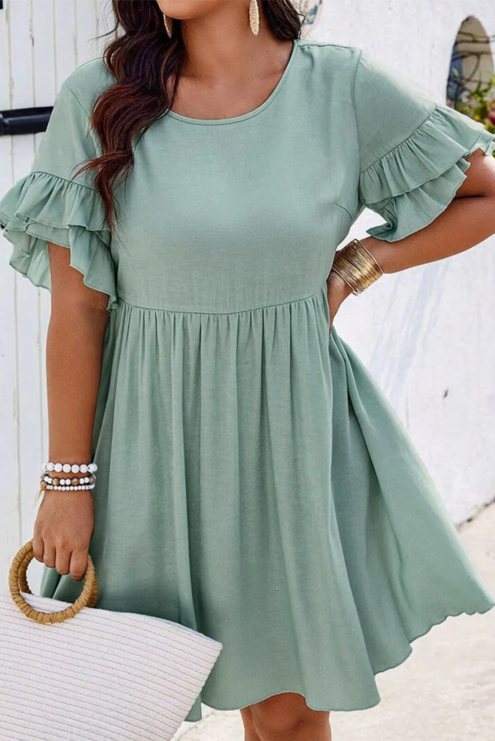 Grass Green Ruffle Trim Short Sleeve Plus Size Flared Mini Dress sold by Beagle Boutique product image thumbnail 3