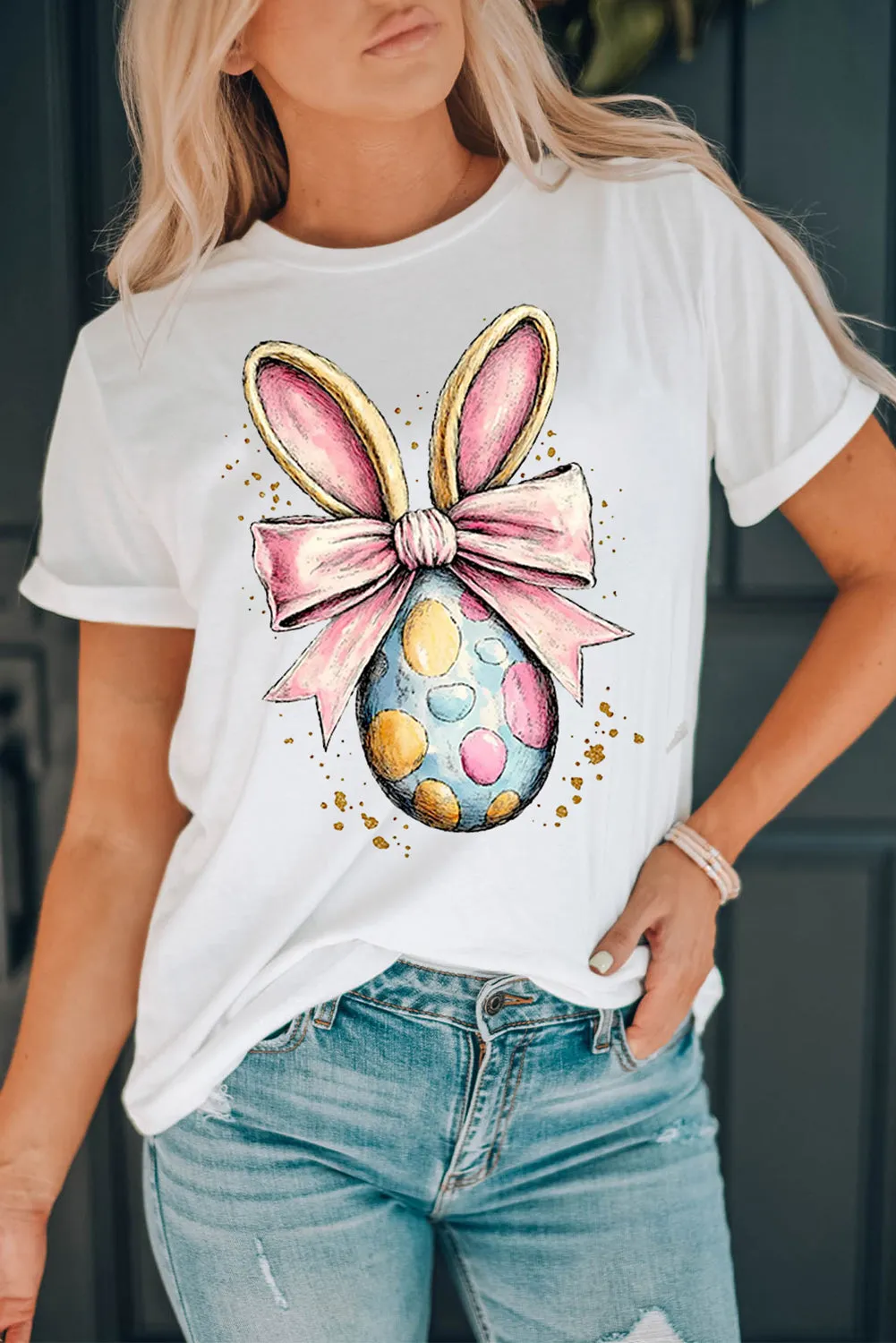 White Easter Egg Bow Bunny Ear Printed T Shirt sold by Beagle Boutique product image thumbnail 3