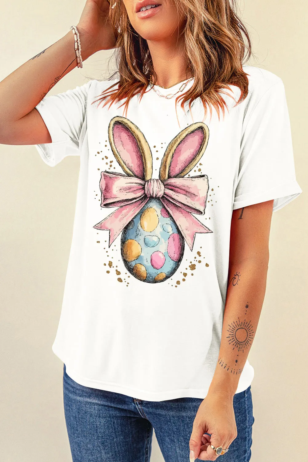 White Easter Egg Bow Bunny Ear Printed T Shirt sold by Beagle Boutique product image thumbnail 4