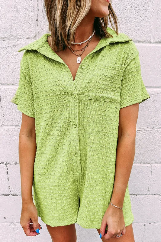Meadow Mist Green Textured Short Sleeve Patched Pocket Buttoned Shirt Romper sold by Beagle Boutique