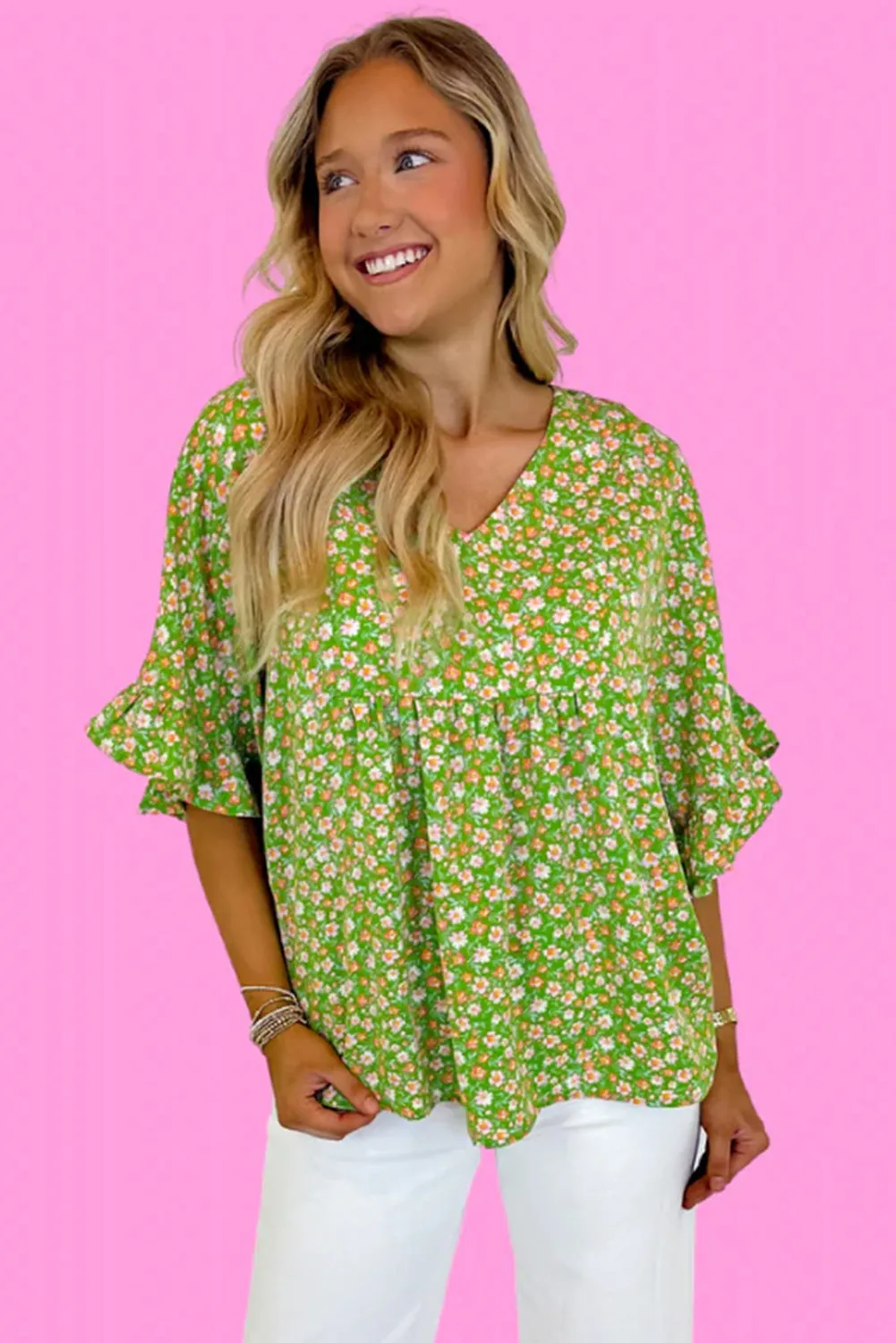 Green Floral Print Ruffle Sleeve V Neck Blouse Top sold by Beagle Boutique product image thumbnail 2
