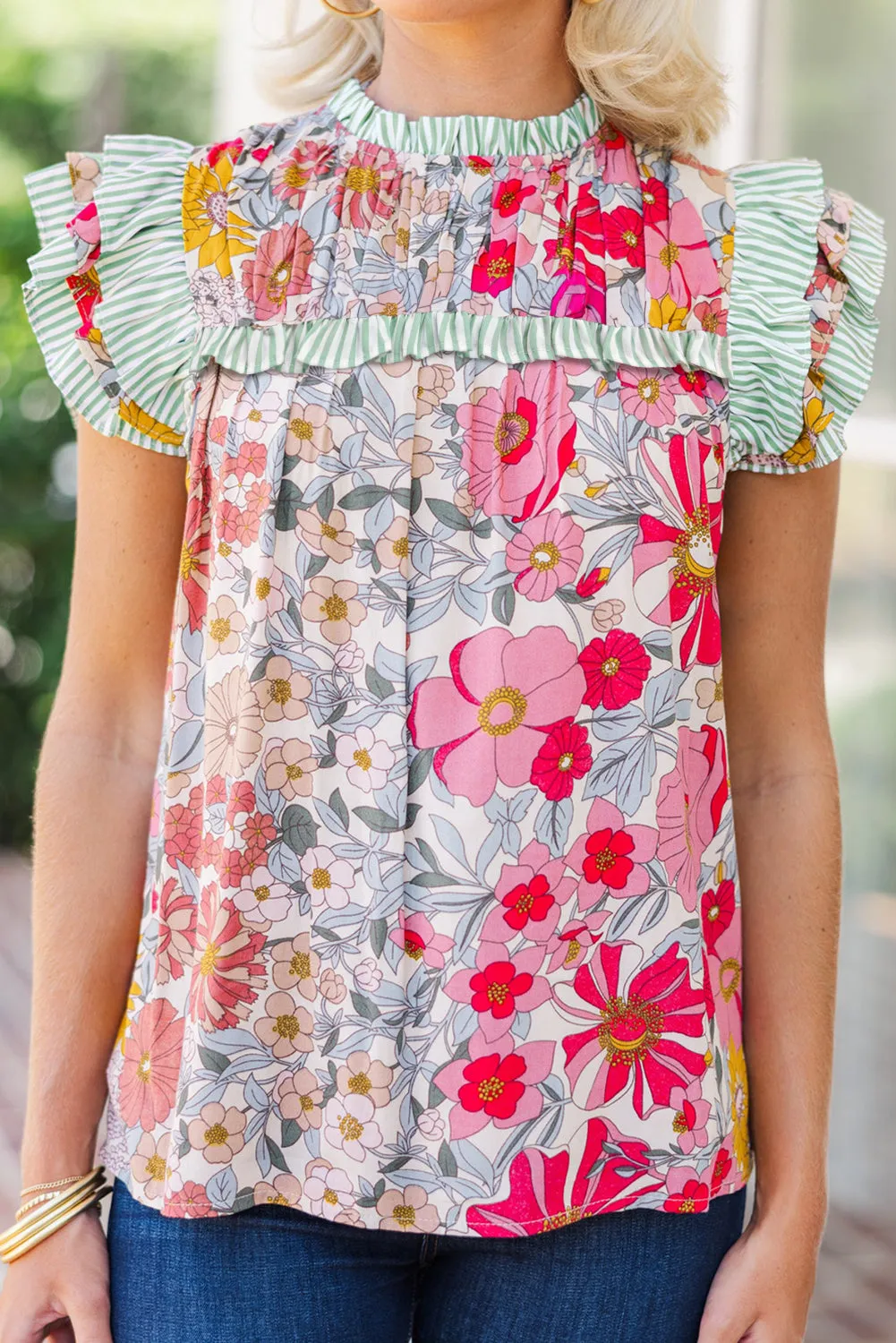 Pink Floral Print Contrast Ruffle Trim Short Sleeve Blouse sold by Beagle Boutique product image thumbnail 3