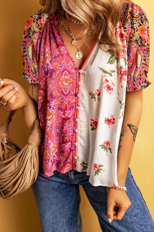 Multicolour Boho Floral Patchwork Buttoned Short Sleeve Blouse sold by Beagle Boutique