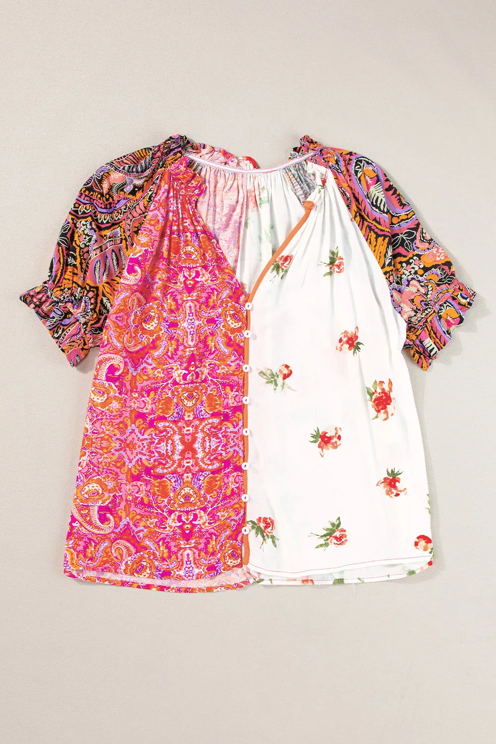 Multicolour Boho Floral Patchwork Buttoned Short Sleeve Blouse sold by Beagle Boutique product image thumbnail 2