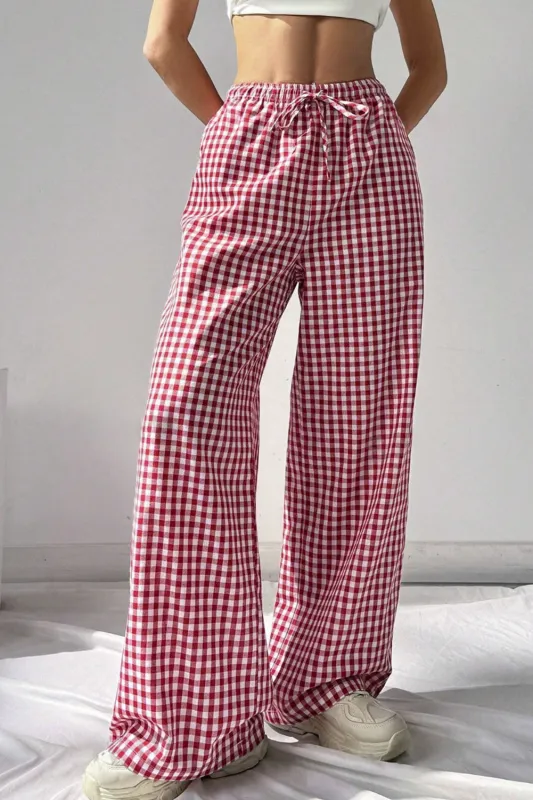 Red Plaid Knot Waist Pocket Casual Trousers sold by Beagle Boutique