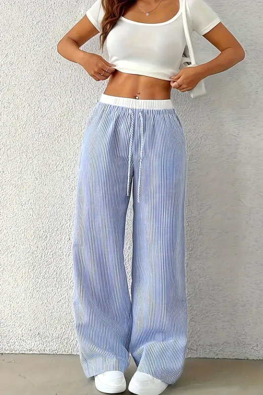Sky Blue Stripe Drawstring  High Waist Trousers sold by Beagle Boutique