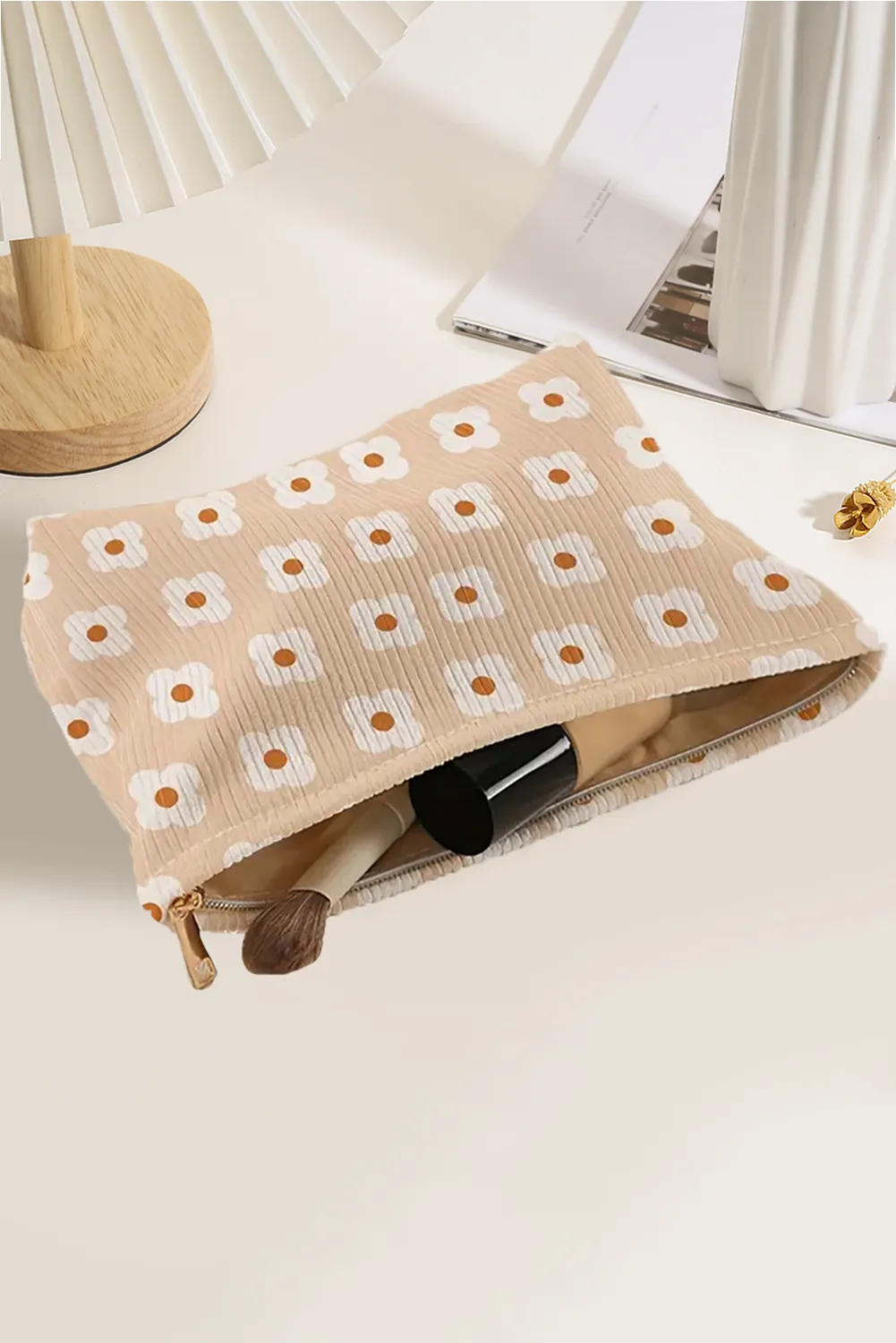 Parchment Cute Flower Zipper Corduroy Makeup Bag sold by Beagle Boutique product image thumbnail 3
