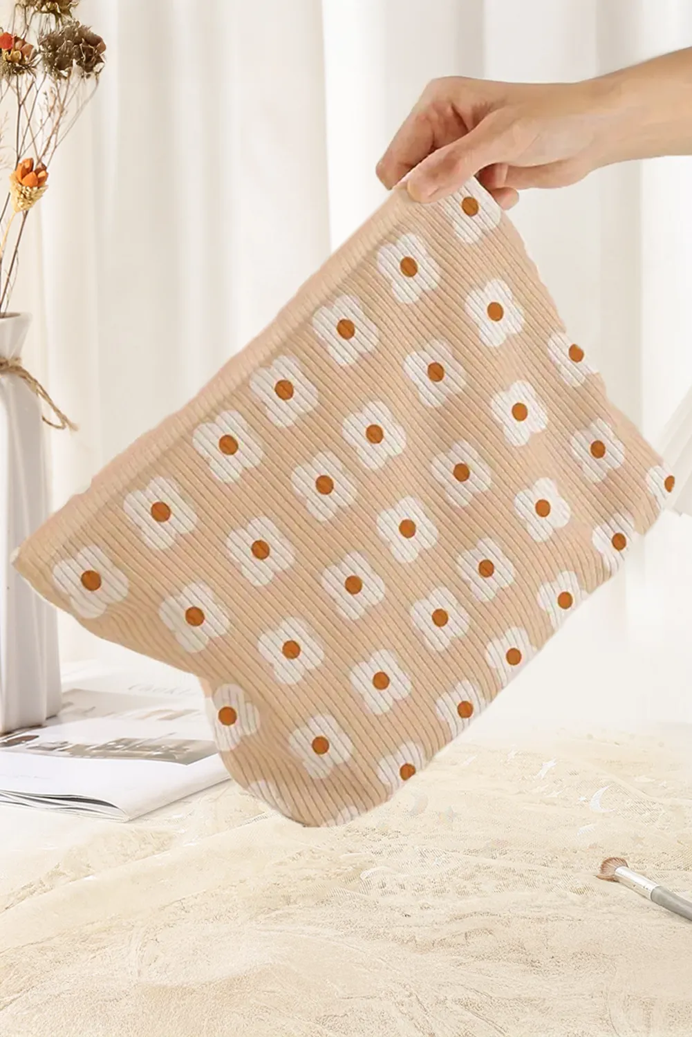 Parchment Cute Flower Zipper Corduroy Makeup Bag sold by Beagle Boutique