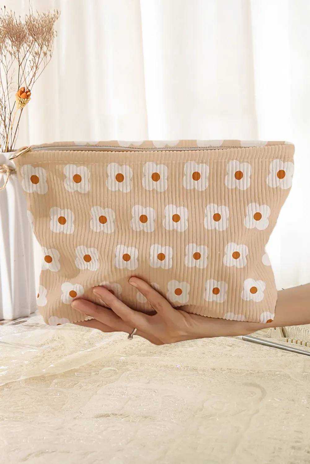 Parchment Cute Flower Zipper Corduroy Makeup Bag sold by Beagle Boutique product image thumbnail 2