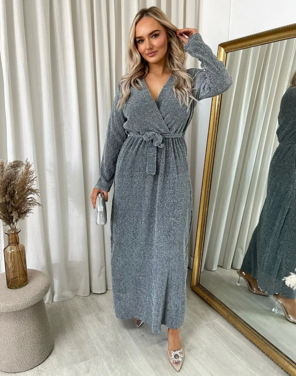 Elegant V Neck Tie Waist Glittery Maxi Dress sold by Beagle Boutique product image thumbnail 5