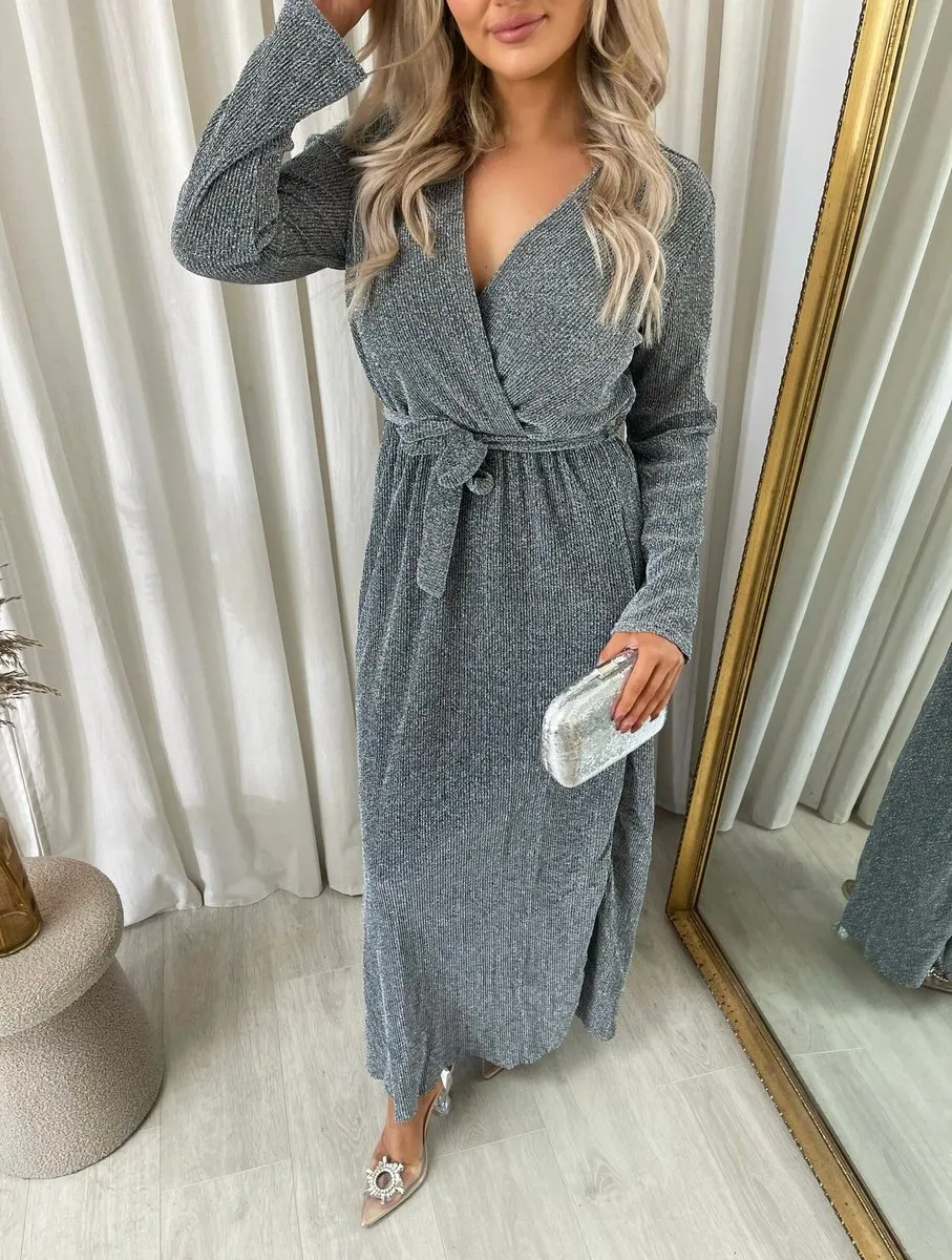 Elegant V Neck Tie Waist Glittery Maxi Dress sold by Beagle Boutique product image thumbnail 3