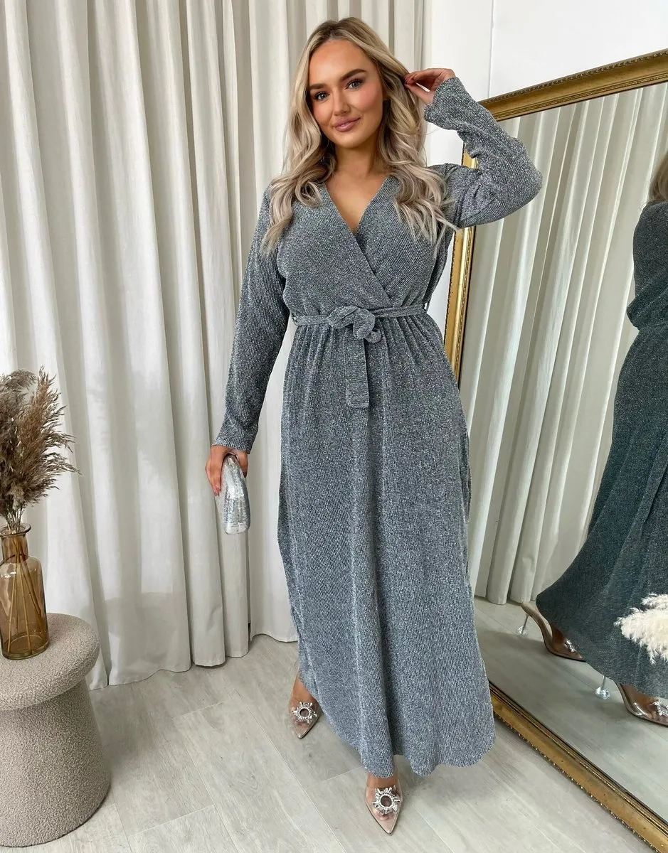 Elegant V Neck Tie Waist Glittery Maxi Dress sold by Beagle Boutique