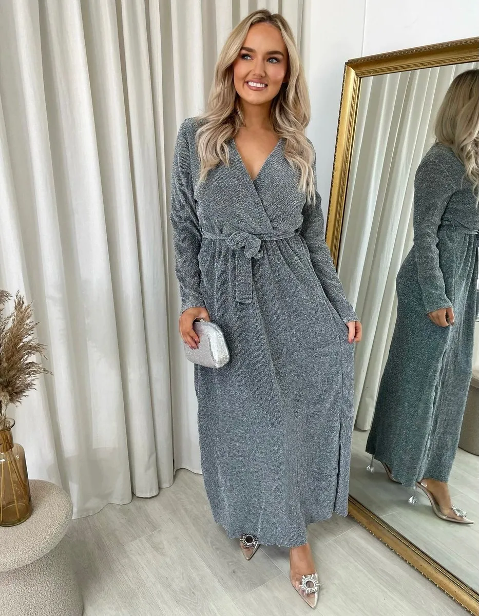 Elegant V Neck Tie Waist Glittery Maxi Dress sold by Beagle Boutique product image thumbnail 4