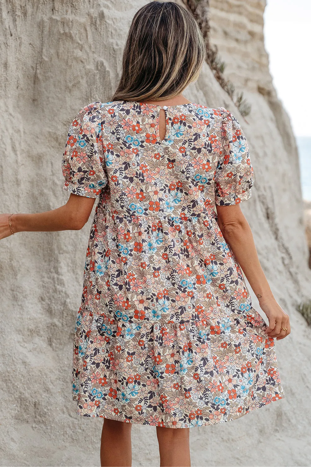 Apricot Bohemian Floral Print Short Puff Sleeve Mini Dress sold by Beagle Boutique product image thumbnail 2
