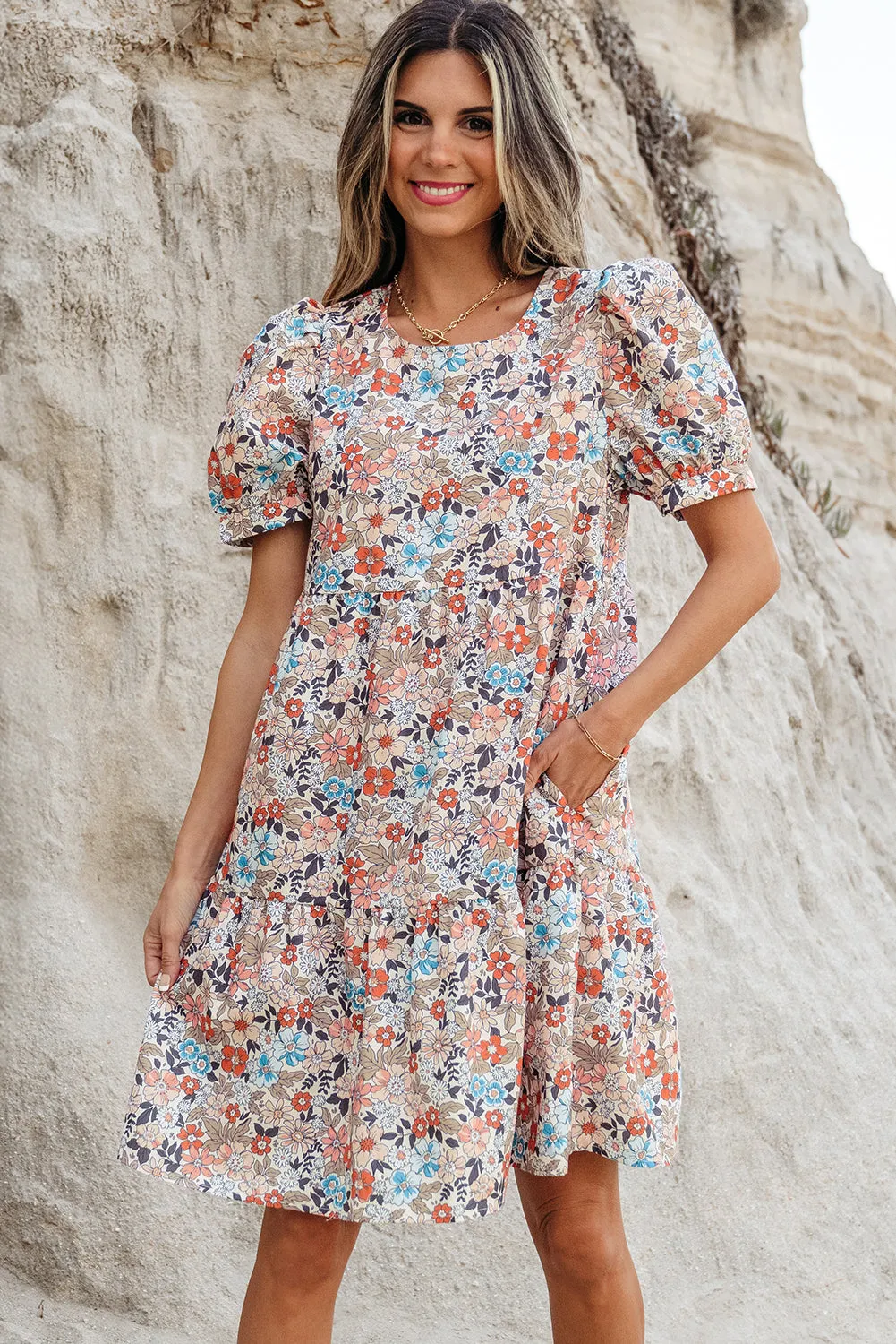 Apricot Bohemian Floral Print Short Puff Sleeve Mini Dress sold by Beagle Boutique