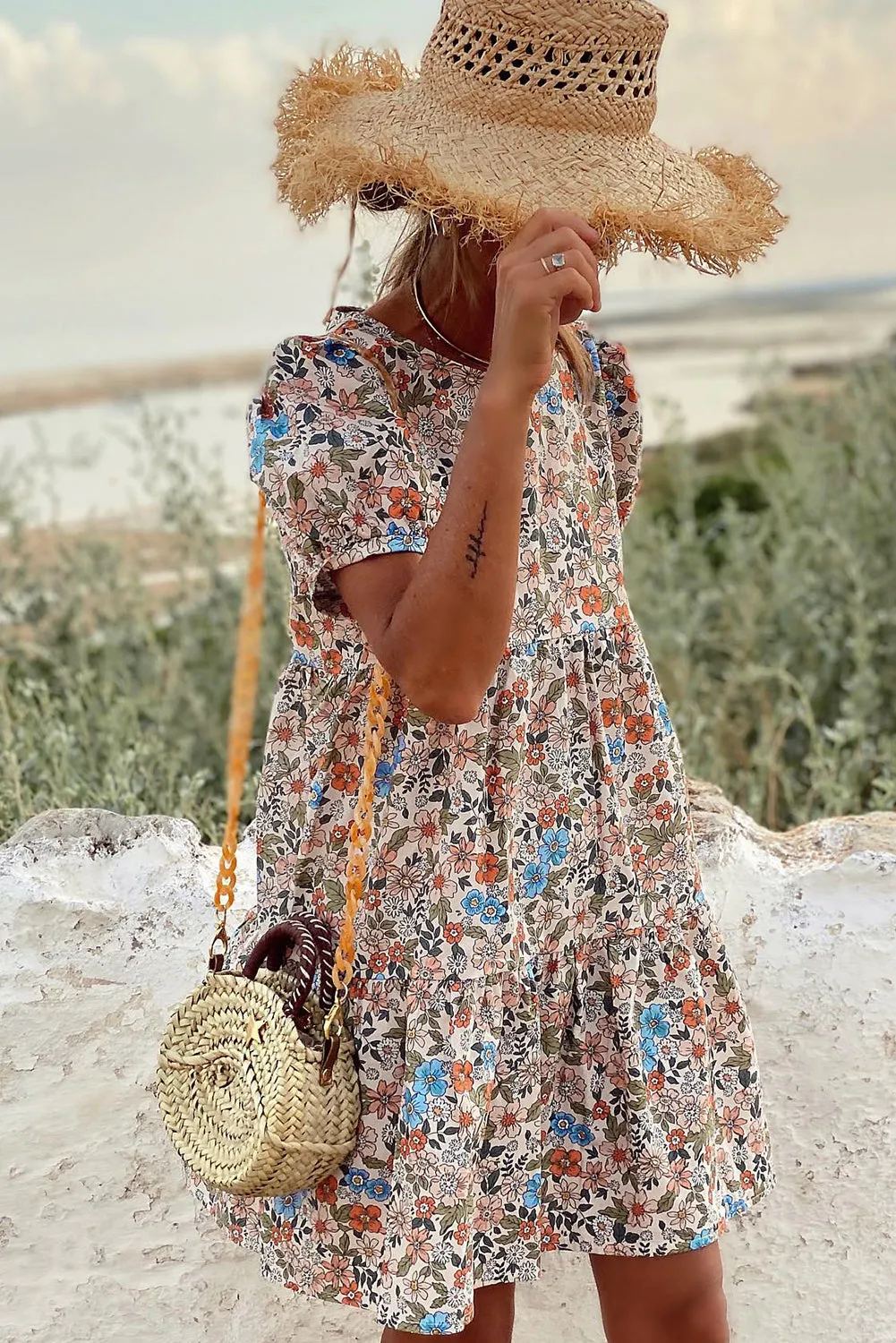 Apricot Bohemian Floral Print Short Puff Sleeve Mini Dress sold by Beagle Boutique product image thumbnail 5