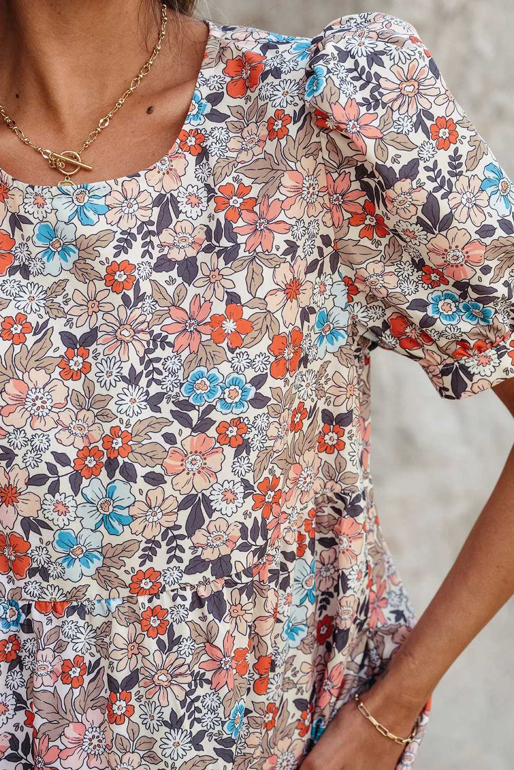 Apricot Bohemian Floral Print Short Puff Sleeve Mini Dress sold by Beagle Boutique product image thumbnail 4
