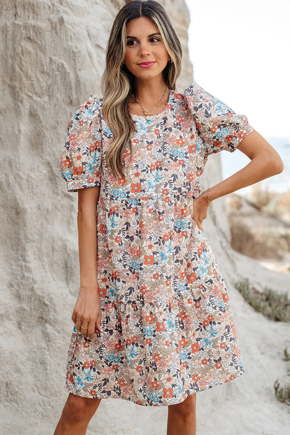 Apricot Bohemian Floral Print Short Puff Sleeve Mini Dress sold by Beagle Boutique product image thumbnail 3