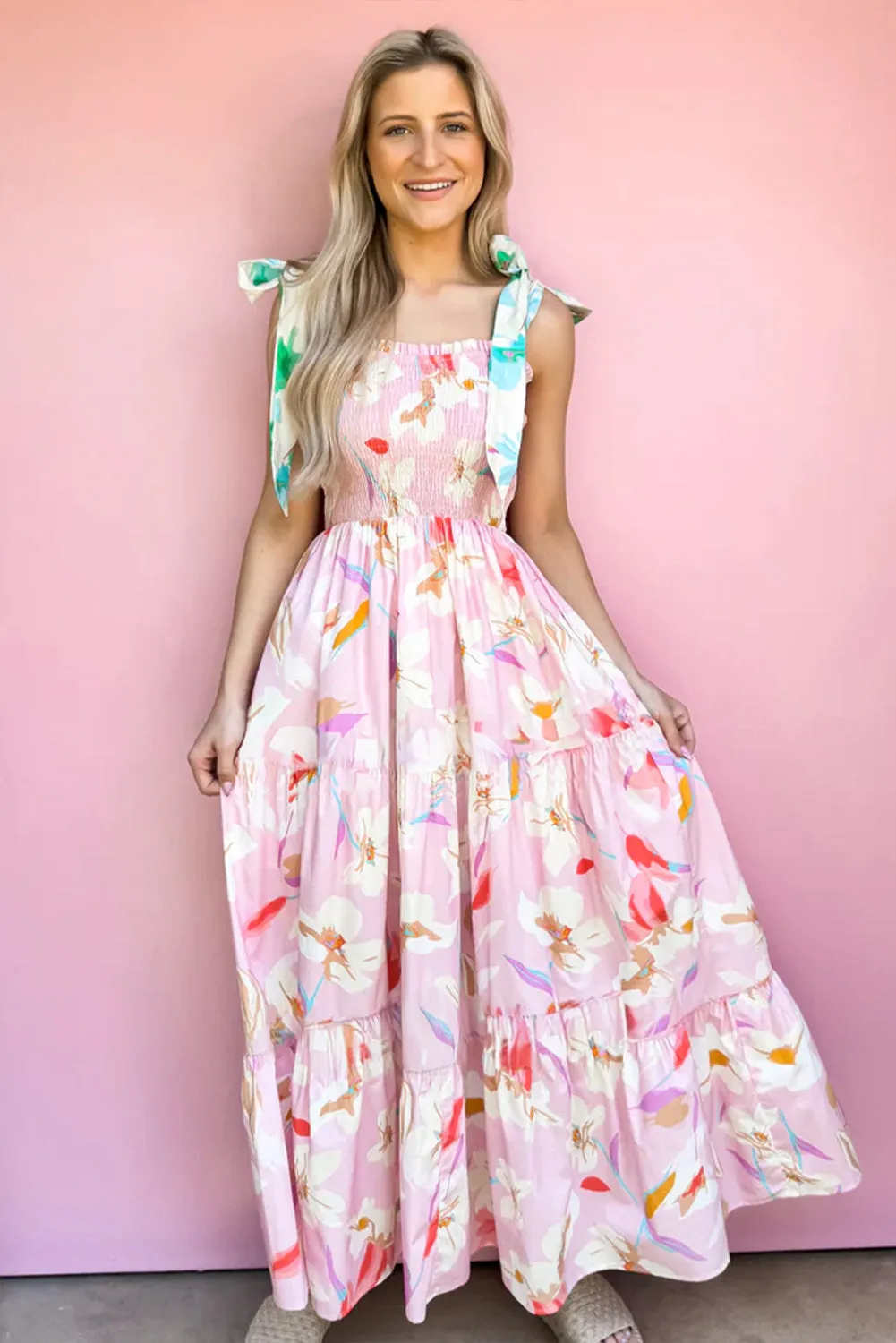 Floral Print Knotted Shoulder Smocked Maxi Dress sold by Beagle Boutique product image thumbnail 2