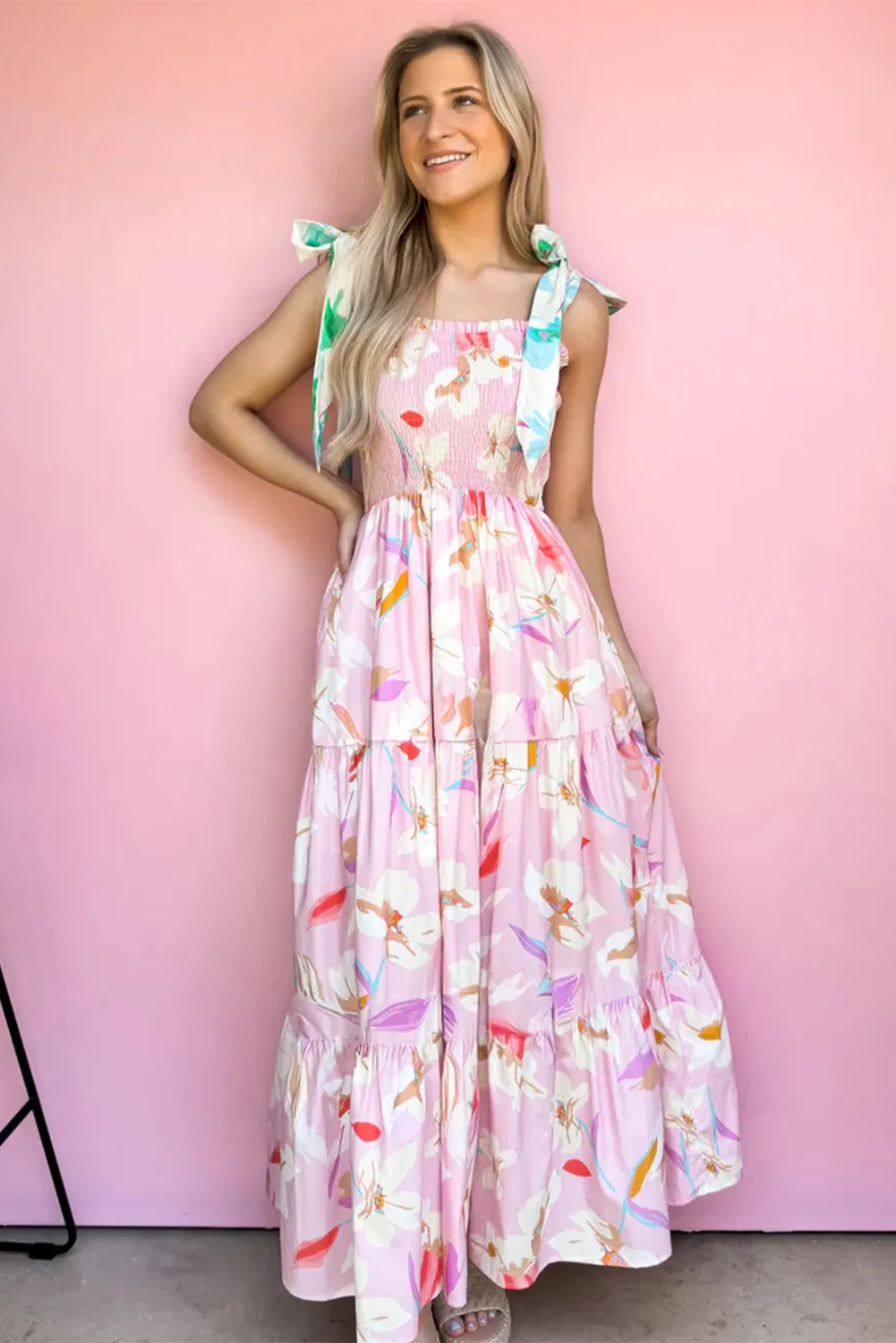 Floral Print Knotted Shoulder Smocked Maxi Dress sold by Beagle Boutique product image thumbnail 4