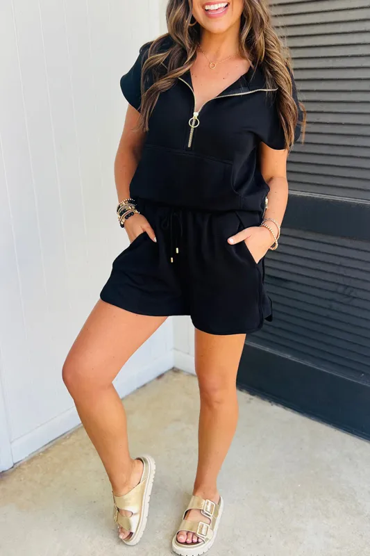 Black Textured Quarter Zip Kangaroo Pocket Top Drawstring Shorts Set sold by Beagle Boutique