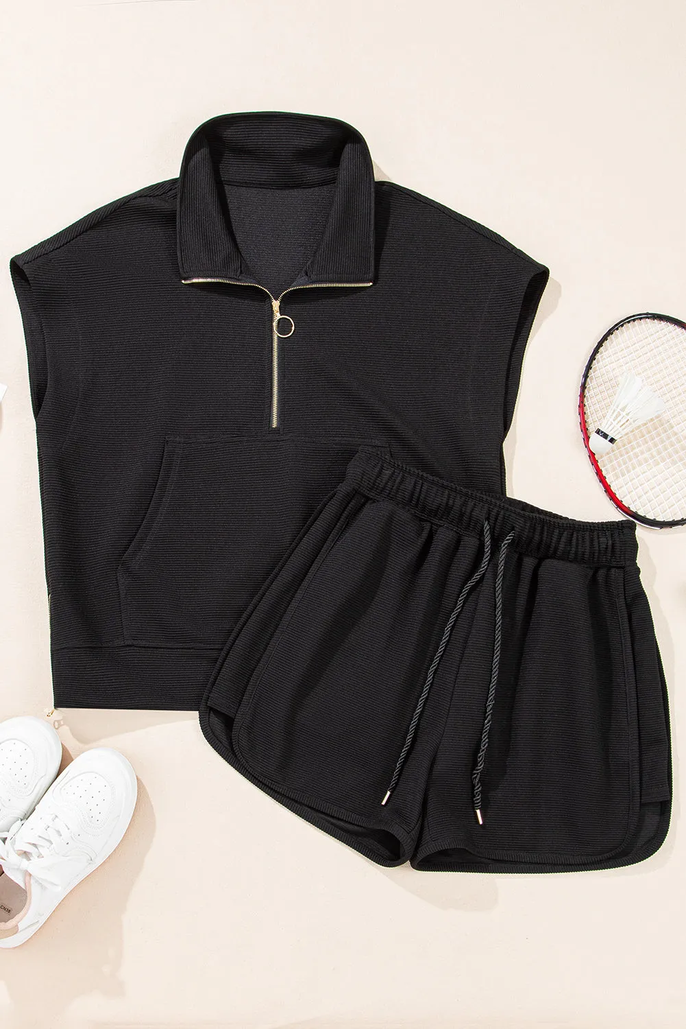 Black Textured Quarter Zip Kangaroo Pocket Top Drawstring Shorts Set sold by Beagle Boutique product image thumbnail 4