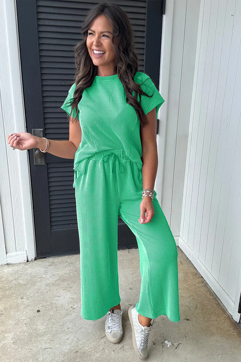 Bright Green Solid Corded Knit Short Sleeve T Shirt and Wide Leg Pants Set sold by Beagle Boutique product image thumbnail 2