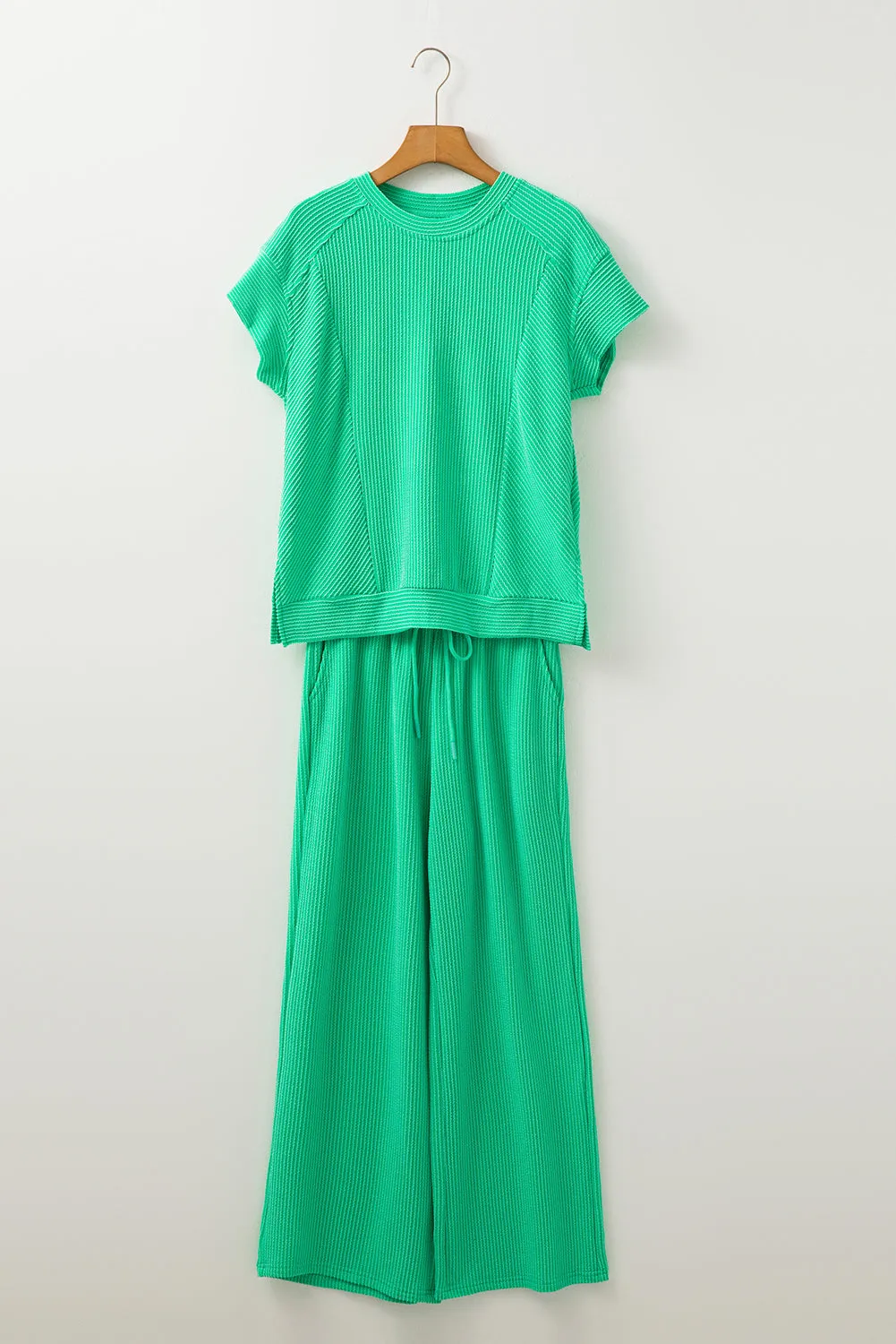 Bright Green Solid Corded Knit Short Sleeve T Shirt and Wide Leg Pants Set sold by Beagle Boutique product image thumbnail 5