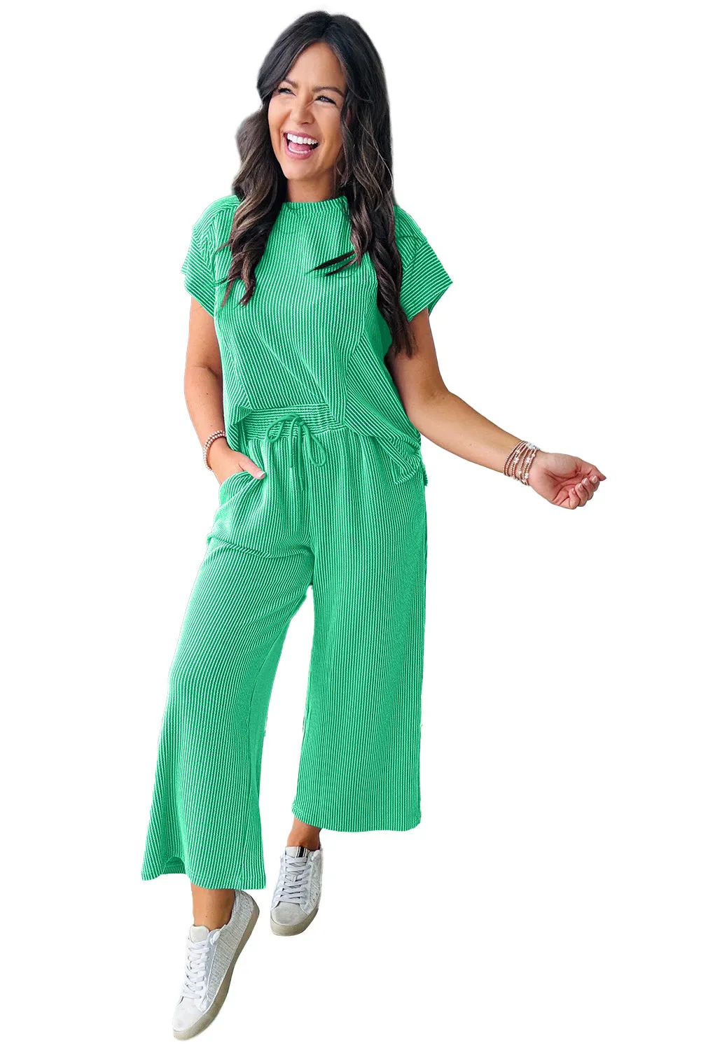 Bright Green Solid Corded Knit Short Sleeve T Shirt and Wide Leg Pants Set sold by Beagle Boutique product image thumbnail 4