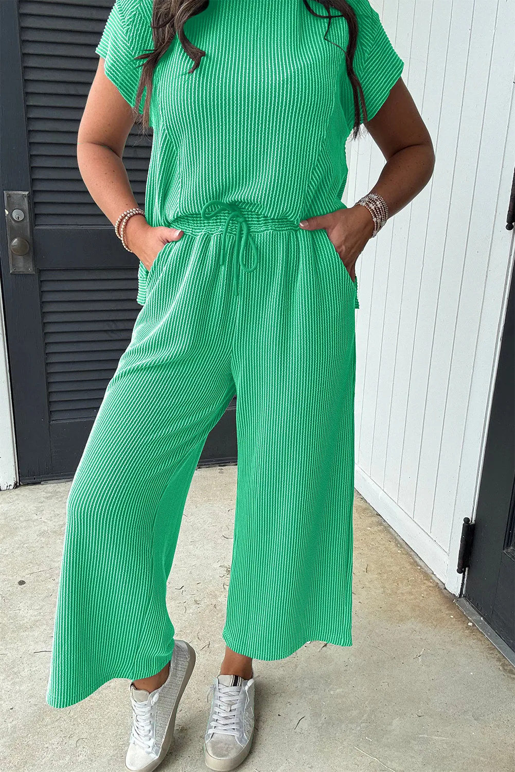 Bright Green Solid Corded Knit Short Sleeve T Shirt and Wide Leg Pants Set sold by Beagle Boutique product image thumbnail 3