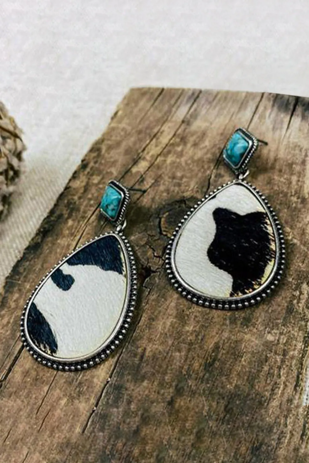 Black Cow Print Turquoise Drop Earrings sold by Beagle Boutique product image thumbnail 3