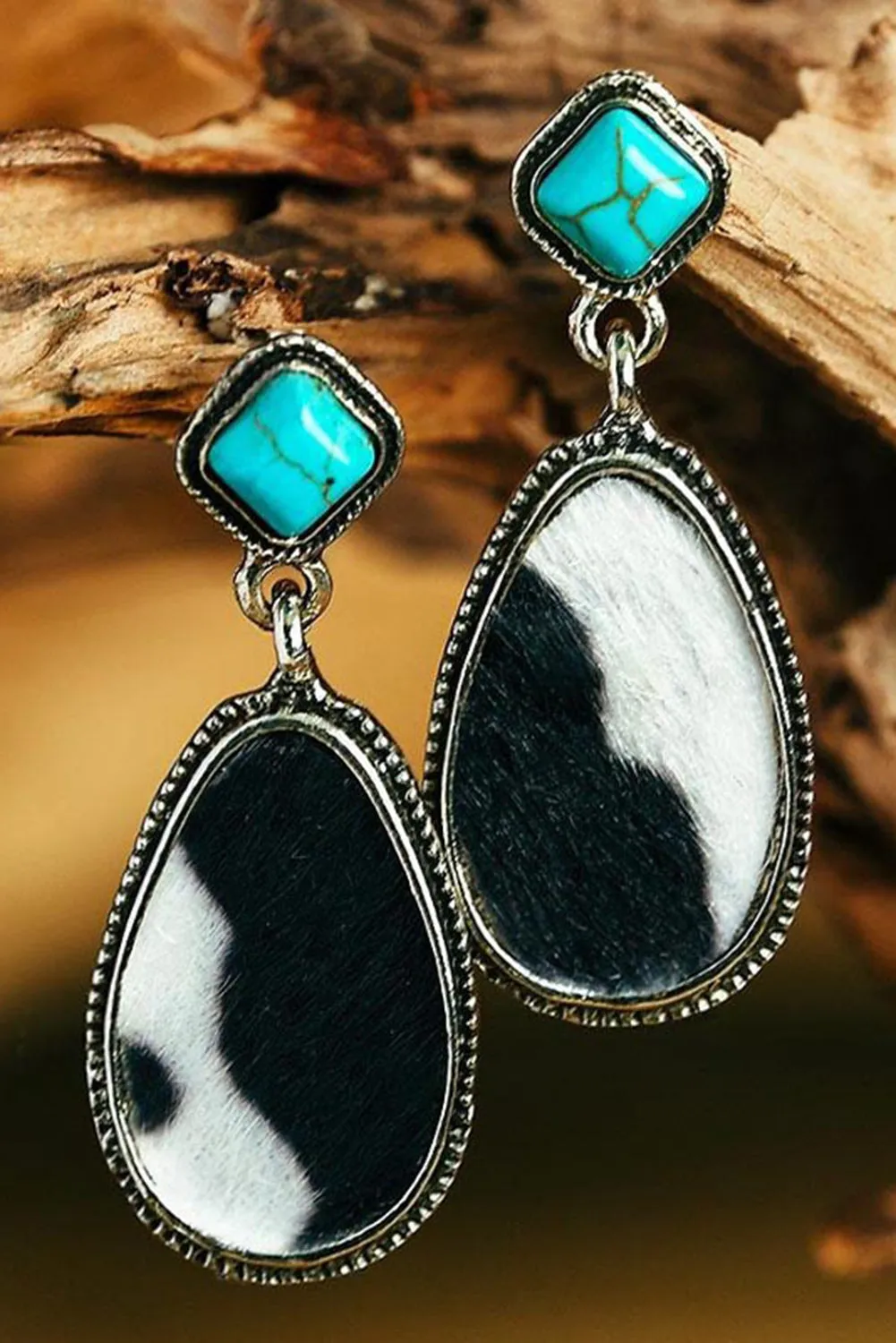 Black Cow Print Turquoise Drop Earrings sold by Beagle Boutique