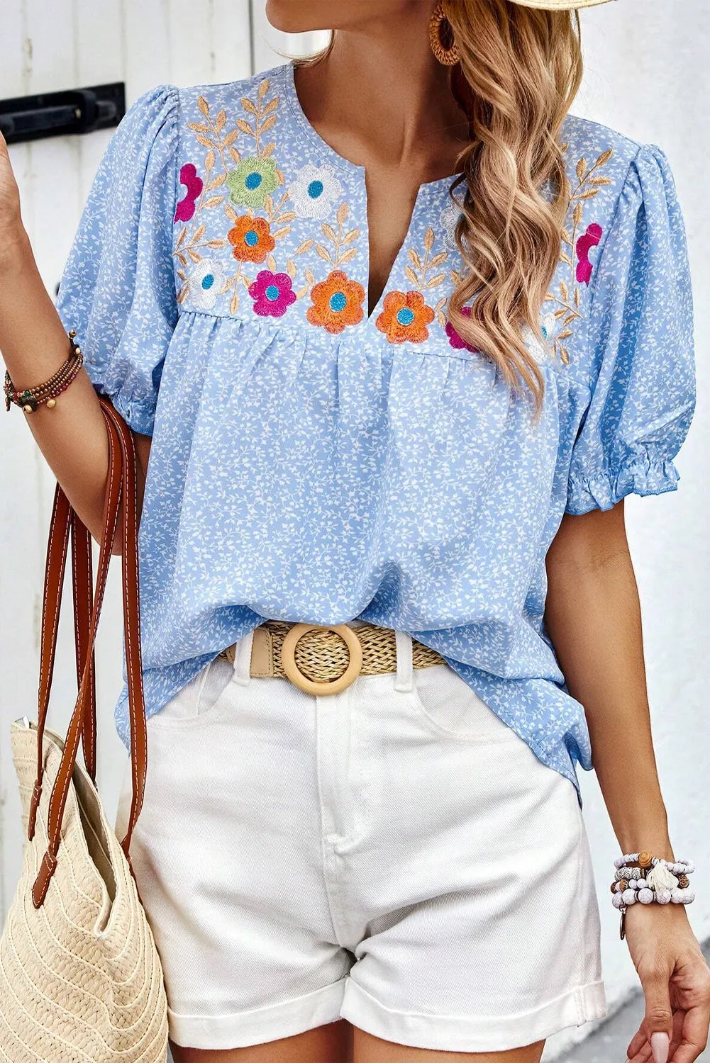 Sky Blue Floral Embroidered Puff Sleeve Notched V Neck Blouse sold by Beagle Boutique