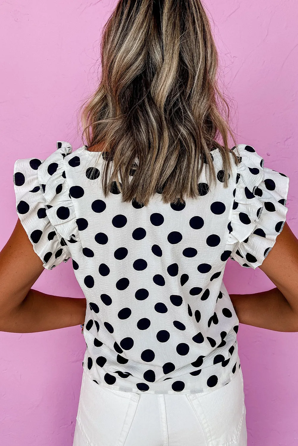 White Polka Dot Print Ruffled Sleeve V Neck Blouse sold by Beagle Boutique product image thumbnail 2