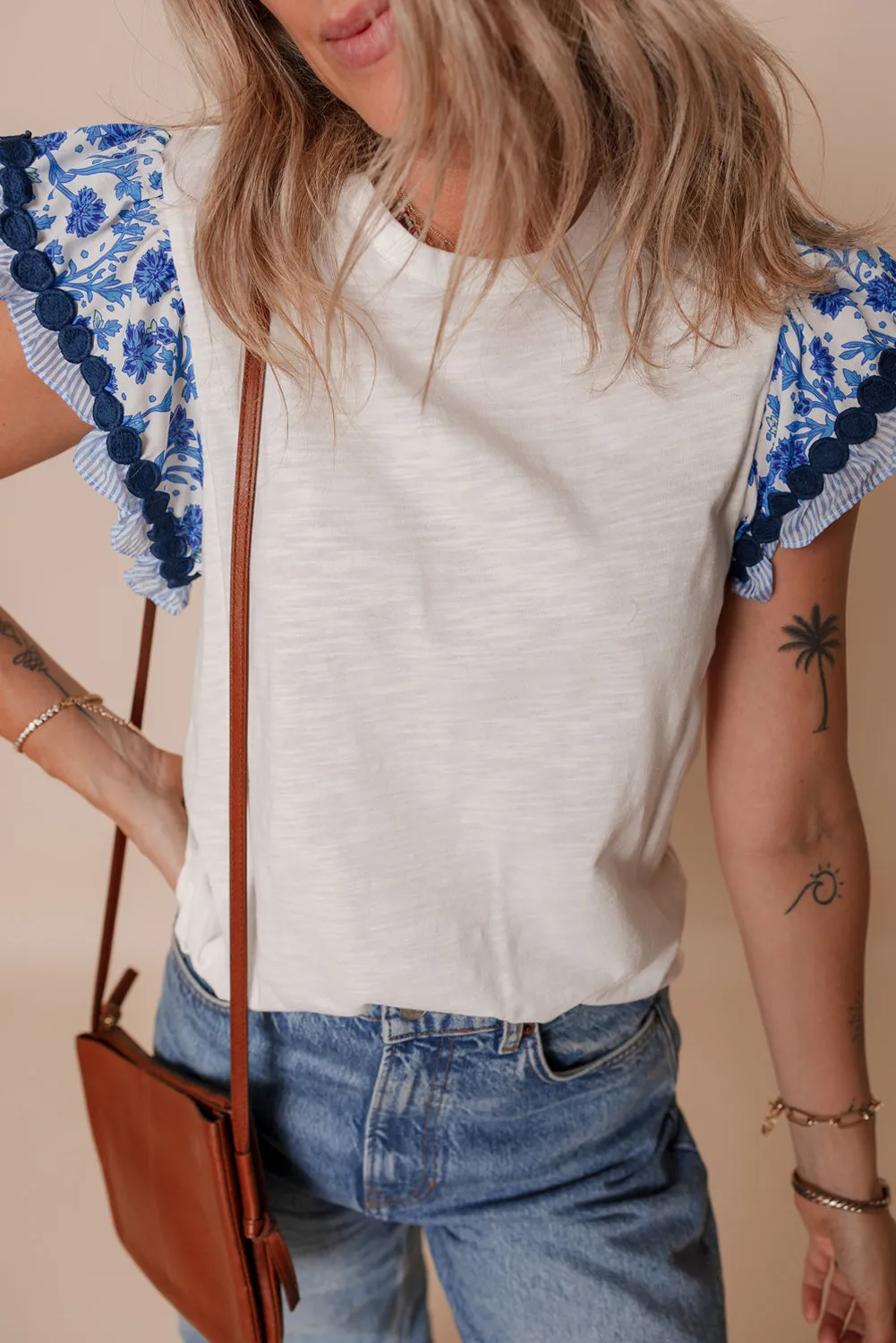 Blue Ricrac Trim Printed Flutter Sleeve Contrast Patchwork Blouse sold by Beagle Boutique product image thumbnail 5