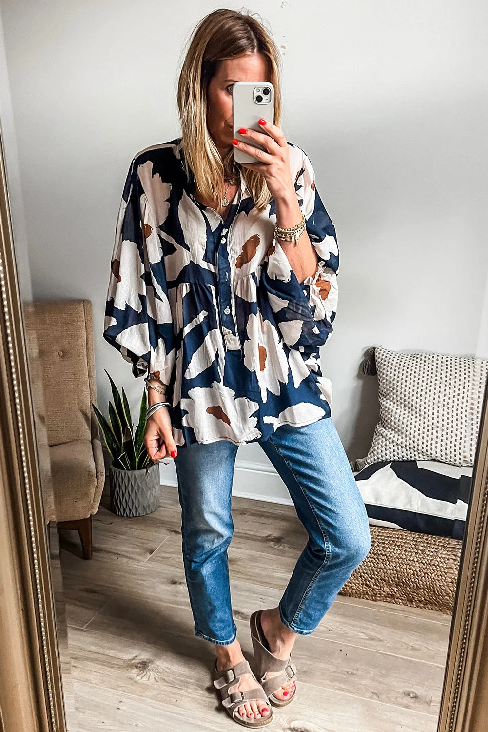 Sail Blue Abstract Floral Print Puff Sleeve Half Button Blouse sold by Beagle Boutique product image thumbnail 3