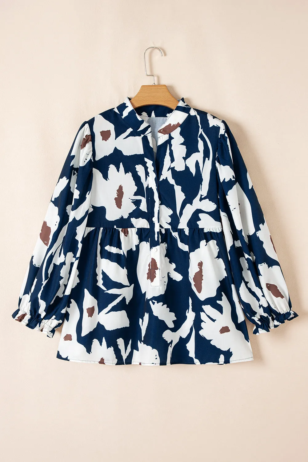 Sail Blue Abstract Floral Print Puff Sleeve Half Button Blouse sold by Beagle Boutique product image thumbnail 4