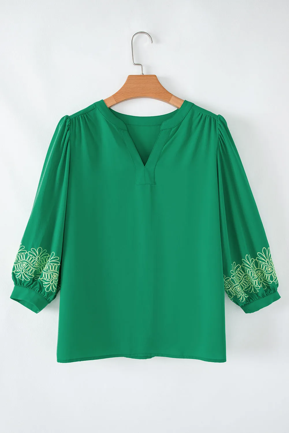 Green Contrast Floral Embroidered 3/4 Sleeve Notched V Neck Elegant Blouse sold by Beagle Boutique product image thumbnail 2