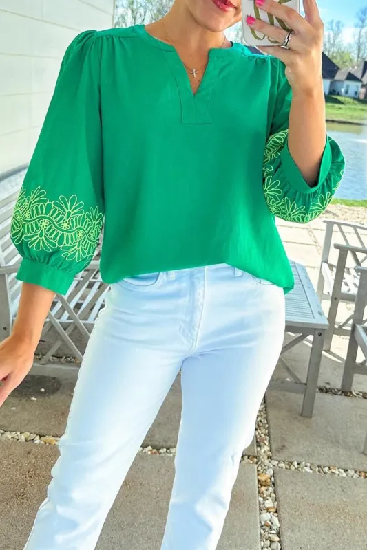 Green Contrast Floral Embroidered 3/4 Sleeve Notched V Neck Elegant Blouse sold by Beagle Boutique