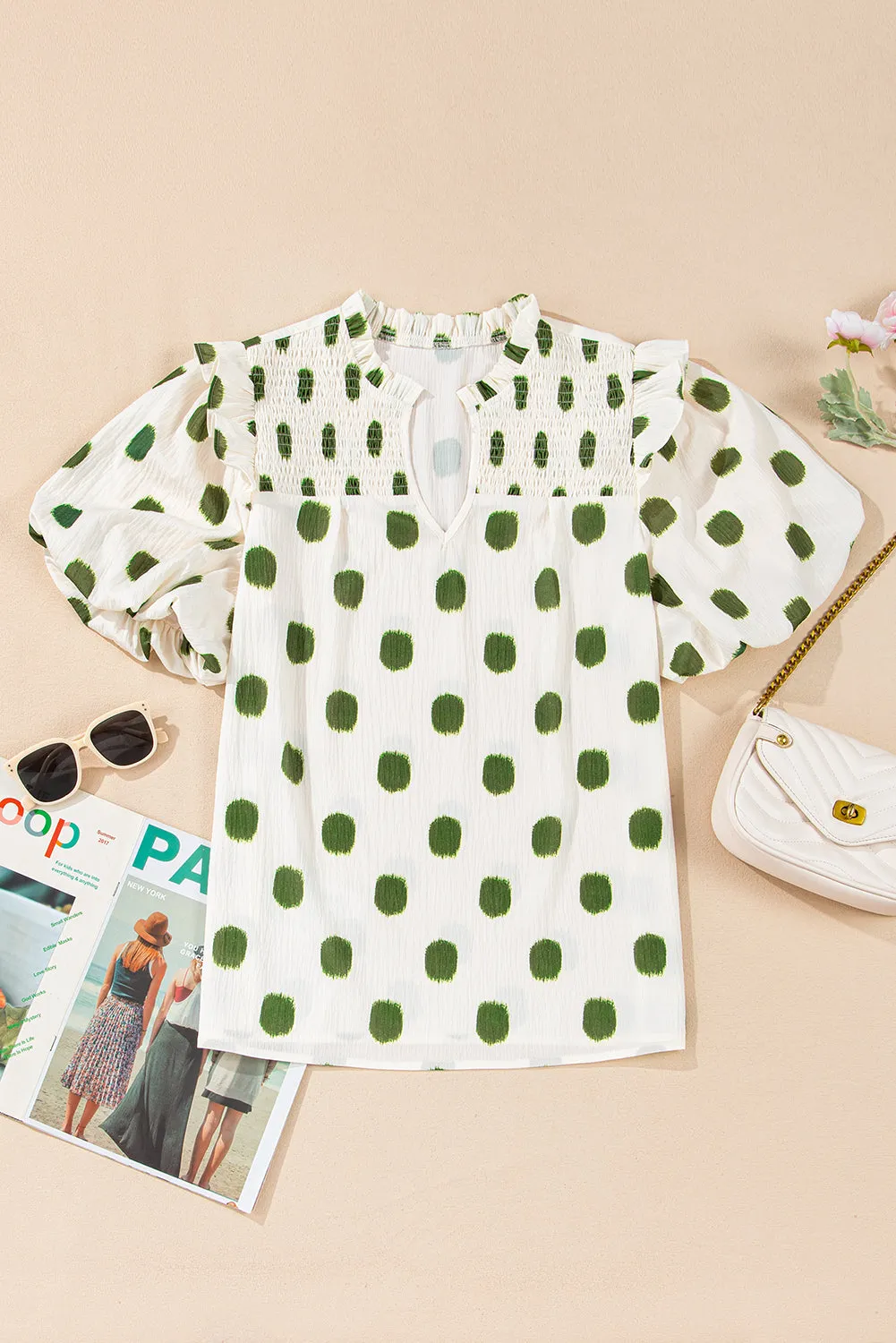 Beige Polka Dot Print Shirred Yoke Notched Neck Balloon Sleeve Blouse sold by Beagle Boutique