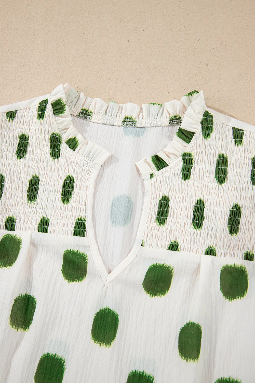 Beige Polka Dot Print Shirred Yoke Notched Neck Balloon Sleeve Blouse sold by Beagle Boutique product image thumbnail 5