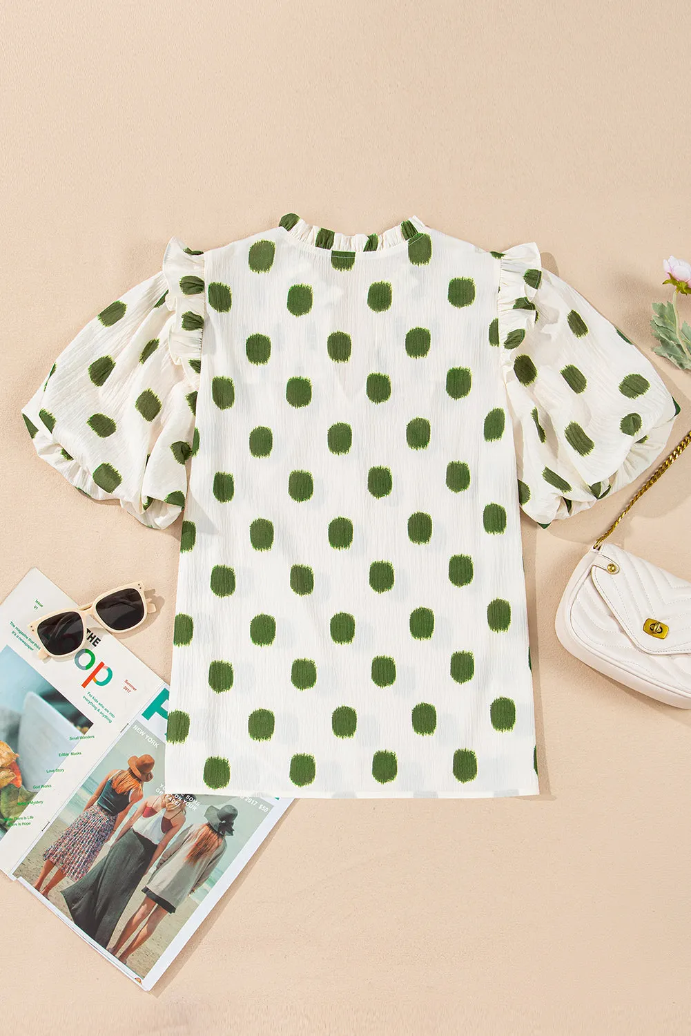Beige Polka Dot Print Shirred Yoke Notched Neck Balloon Sleeve Blouse sold by Beagle Boutique product image thumbnail 2