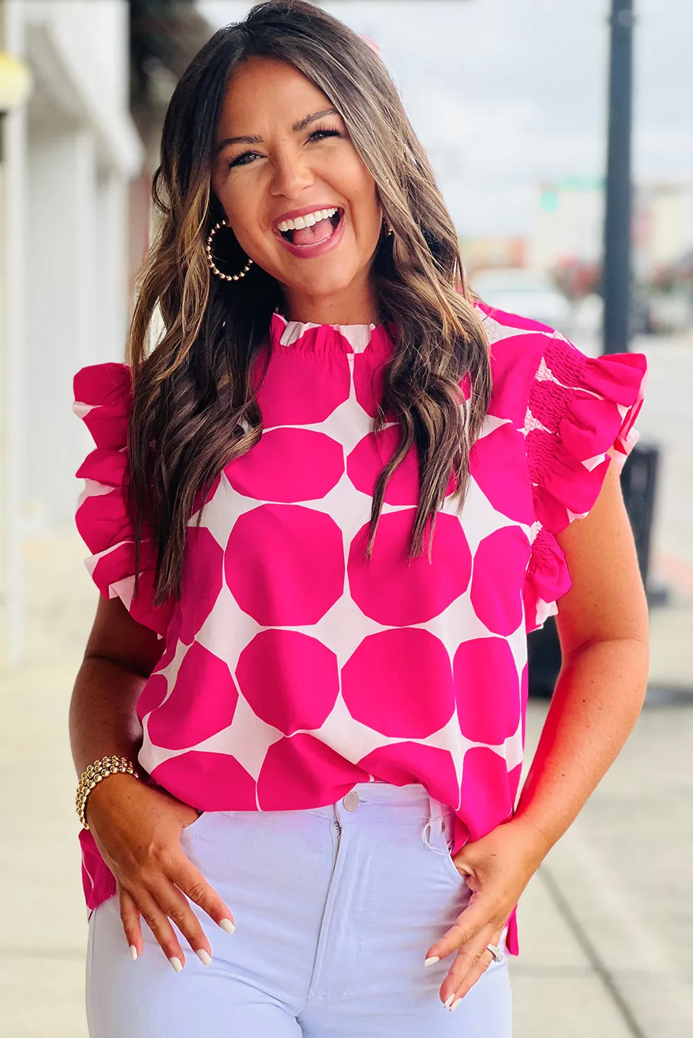 Rose Bubblegum Pattern Frilled Collar Flutter Sleeve Top sold by Beagle Boutique product image thumbnail 3