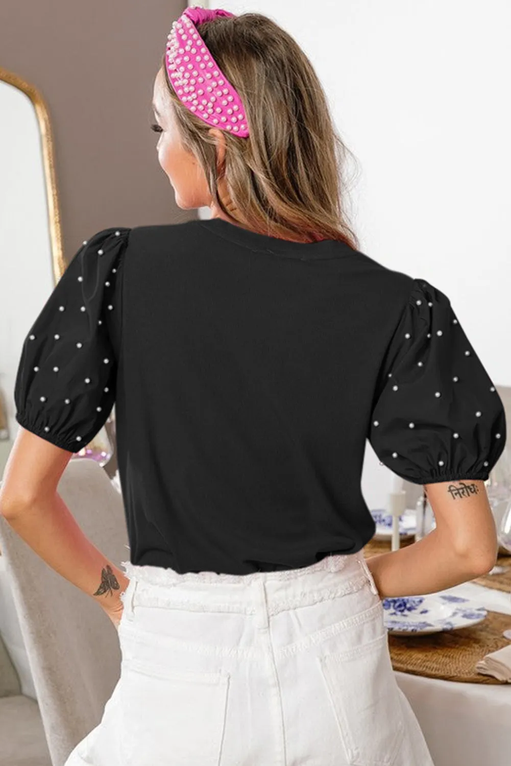 Bright Green Ribbed Pearl Beaded Puff Sleeve Top sold by Beagle Boutique product image thumbnail 5
