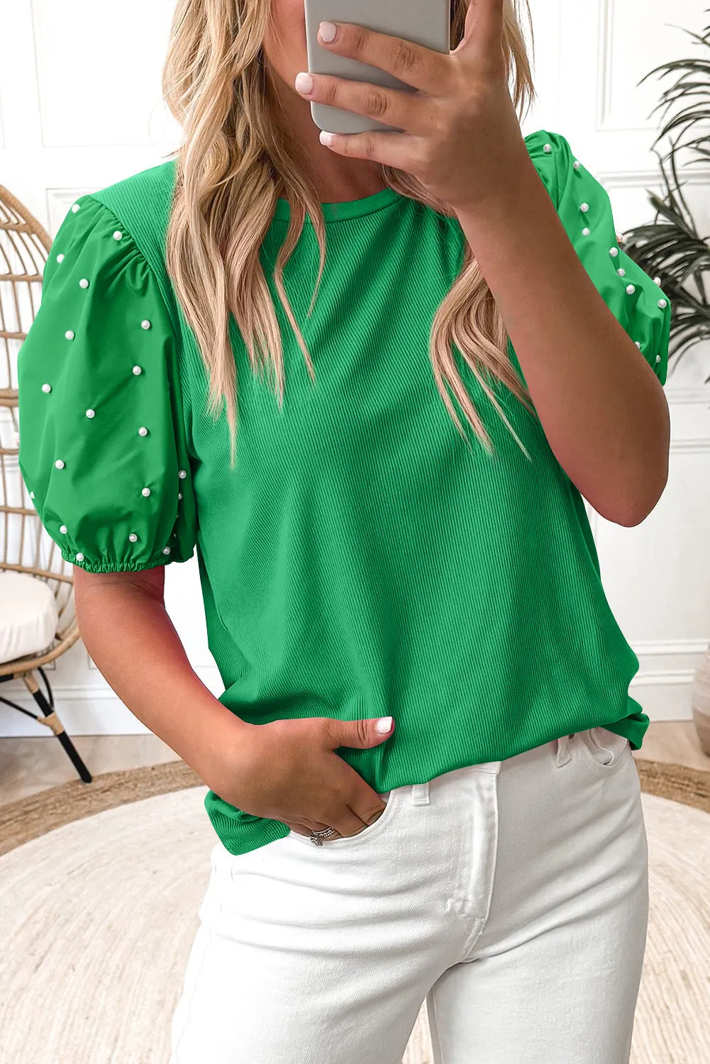 Bright Green Ribbed Pearl Beaded Puff Sleeve Top sold by Beagle Boutique