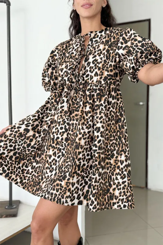 Multicolour Leopard Tie Front Puff Sleeve Short Flared Dress sold by Beagle Boutique